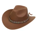 Detail of brown wool felt cowboy hat with ethnic woven band and wooden bead trim - Ethnic Woven Band (159-K)