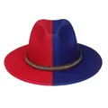 Close-up of red and blue split-color wool fedora with rhinestone studded leather band - M (56-58cm) / Red Blue Patchwork