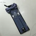 Elastic grey-blue suspenders and matching satin bowtie set on a black display card - Grey Set
