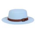 Light blue wool felt boater hat with a brown leather decorative band and buckle - M (56-58cm) / Light Blue