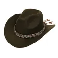 Detailed macro view of dark olive cowboy hat featuring ethnic woven band and beaded tassels - Ethnic Woven Band (159-L)