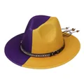 Détail du chapeau jazz bicolore avec ruban ethnique et accents de perles en bois - Violet et Jaune Divisé (155-I)