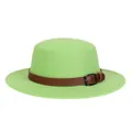 Apple green felt fedora hat with a dark brown leather band and metal buckle detail - M (56-58cm) / Light Green