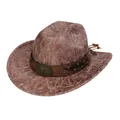 Vintage brown faux leather cowboy hat with bull head buckle and cracked texture - M (56-58cm) / Straight Top (142C) / Khaki
