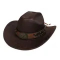 Distressed dark brown western cowboy hat with longhorn metal emblem and tassel beads - M (56-58cm) / Straight Top (142B) / Coffee