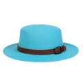 Teal blue wool felt fedora hat featuring a brown faux leather strap with metal buckle - M (56-58cm) / Lake Blue