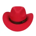 Close-up of red felt cowboy hat featuring brown leather band and bronze metal studs - M (56-58cm) / Riveted Leather Band Style / Red