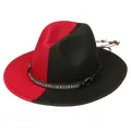 Chapeau fedora en laine style britannique bicolore rouge et vert foncé avec bande ethnique - Rouge et Vert Armée Divisé (155-K)