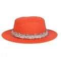 Hellorangener Wollhut mit flacher Krone, Perlenbesatz und Fransenverzierung - M (56-58cm) / Orange