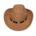 Close-up of brown wool felt cowboy hat with leather band and vintage metal studs - Gold Square Buckle Simple Style (109) / Khaki