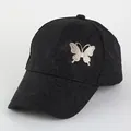 Black lace baseball cap with floral embroidery and golden rhinestone butterfly emblem - Adjustable 56-60cm / Black