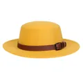 Chic mustard yellow wool felt flat top boater hat with a brown leather decorative strap - M (56-58cm) / Yellow