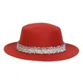 Eleganter roter Wollhut mit flacher Krone, Perlenbesatz, Tweed-Band und Fransen-Details - M (56-58cm) / Rostrot