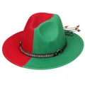 Chapeau fedora en laine bicolore de style anglais avec ceinture ethnique et anneaux - Rouge et Vert Divisé (155-L)