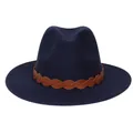 Klassischer dunkelblauer Wollhut mit braunem geflochtenem Lederband auf weißem Grund - M (56-58cm) / 176 Braided Band Style / Marineblau