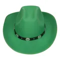 Detail of green felt cowboy hat featuring a black leather band with silver metal floral studs - Gold Square Buckle Simple Style (109) / Green