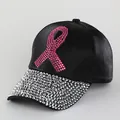 Fashionable black satin baseball cap with pink ribbon rhinestone design and crystal brim - Adjustable 56-60cm / Black
