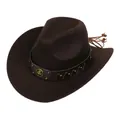 Detail of dark brown felt cowboy hat with leather rivet band and embossed badge - Retro Horseshoe Badge Band (161-A)
