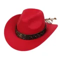 Detailed view of red cowboy hat with leather rivet band and decorative wooden beads - Retro Horseshoe Badge Band (161-B)