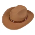 Detail of camel wool cowboy hat featuring a brown leather band and metallic V-shaped accents - M (56-58cm) / Retro Rivet Style (111) / Khaki