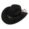 Detail of black cowboy hat with leather band, vintage metal studs and beaded tassels - Retro Horseshoe Badge Band (161-C)
