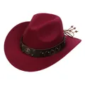 Detail of wine red felt cowboy hat with leather band, studs, and braided rope decor - Retro Horseshoe Badge Band (161-D)