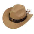 Detail of camel wool cowboy hat with brown leather band and golden horseshoe emblem - Retro Horseshoe Badge Band (161-E)