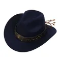 Close-up of navy blue wool cowboy hat featuring brown leather band and metallic badge - Retro Horseshoe Badge Band (161-F)