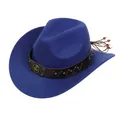 Detail of royal blue cowboy hat with brown leather rivet band and decorative tassels - Retro Horseshoe Badge Band (161-H)
