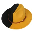 Chapeau jazz bicolore en laine de style britannique avec boucle dorée pour femme - Noir et Jaune Divisé (156-E)