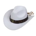 Detail of white felt cowboy hat featuring brown leather band with horseshoe ornament - Retro Horseshoe Badge Band (161-I)