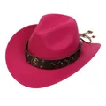 Detail of western cowboy hat with studded leather band and gold metal badge on rose felt - Retro Horseshoe Badge Band (161-J)