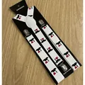 Close-up of elastic suspenders with heart and mustache print and silver metal clips - White (Heart Mustache)