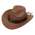 Detail of brown cowboy hat showing leather band with gold rivets and ethnic wood beads - Retro Horseshoe Badge Band (161-K)