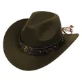 Detail of felt cowboy hat with leather band, gold metal emblems and adjustable drawstring - Retro Horseshoe Badge Band (161-L)