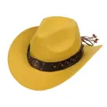 Detail of yellow cowboy hat with brown leather band, metallic studs and wooden beads - Retro Horseshoe Badge Band (161-N)