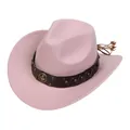 Detail of pink felt cowboy hat featuring vintage leather band with metallic ornaments - Retro Horseshoe Badge Band (161-O)