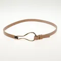 Slim camel PU leather belt for women featuring a sleek golden metal hook buckle closure - Camel Fashion Thin Hook Style (AB76)