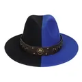 Two-tone black and blue wool fedora hat with studded leather band and metal emblem - M (56-58cm) / Black & Blue With Badge
