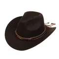 Detail of western fedora hat featuring ethnic woven band and turquoise bead accents - Metal Feather Ethnic Style (162-A)