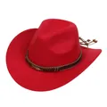 Close-up of bright red felt cowboy hat with gold feather metal buckle and beaded cord detail - Metal Feather Ethnic Style (162-B)