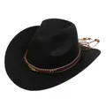 Detail of black felt cowboy hat featuring golden feather buckle and wooden beads decor - Metal Feather Ethnic Style (162-C)