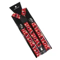 Red Christmas suspenders featuring festive dog print with three silver metal clips - Red (Christmas Hat Dog)