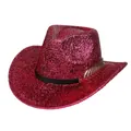 Close-up of fuchsia glitter cowboy hat with black leather band and golden leaf detail - M (56-58cm) / Rose Red
