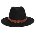 Klassischer schwarzer Wollfedora mit braunem geflochtenem Lederband im Vintage-Stil - M (56-58cm) / 176 Braided Band Style / Schwarz