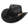 Sparkly black wide brim western cowboy hat with golden metal leaf detail on pure background - M (56-58cm) / Black