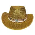 Détail d'un chapeau de cowboy doré à paillettes avec badge étoile et bandeau tissé - Dessus concave / Or