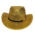 Détail d'un chapeau de cowboy doré à paillettes avec bandeau noir et boucle en métal - Style à dessus bosselé / Or