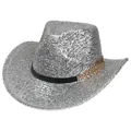Close-up of silver sequined cowboy hat featuring a gold feather charm and black band - M (56-58cm) / Silver