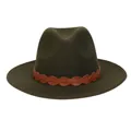 Dunkelgrüner Vintage-Fedora mit braunem Flechtlederband und breiter Krempe - M (56-58cm) / 176 Braided Band Style / Armeegrün
